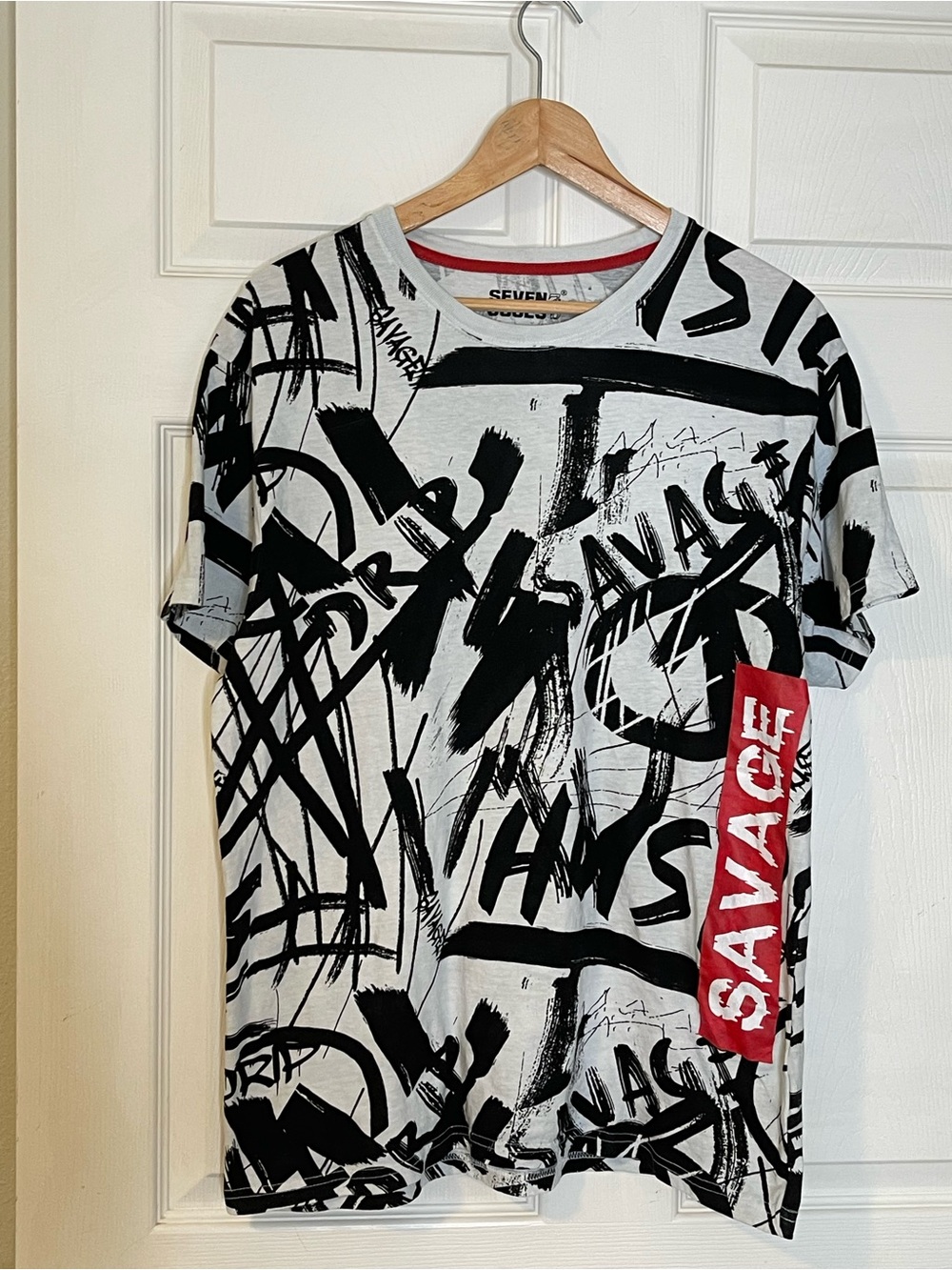 Seven7 Souls White and Black Graphic Tee with Red 'SAVAGE' Panel